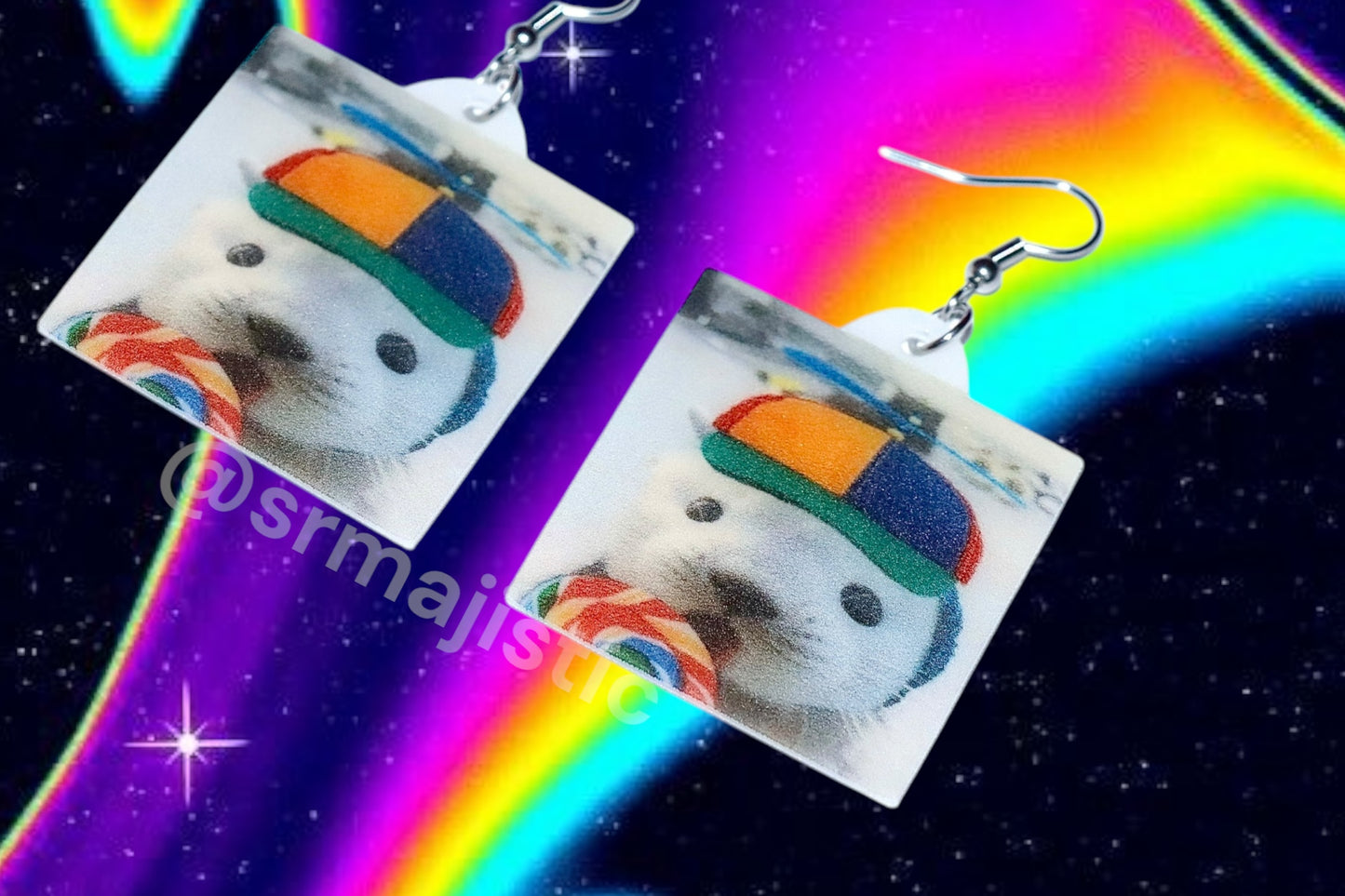 (READY TO SHIP) Seal with Propeller Hat and Lollipop Meme Handmade Earrings!