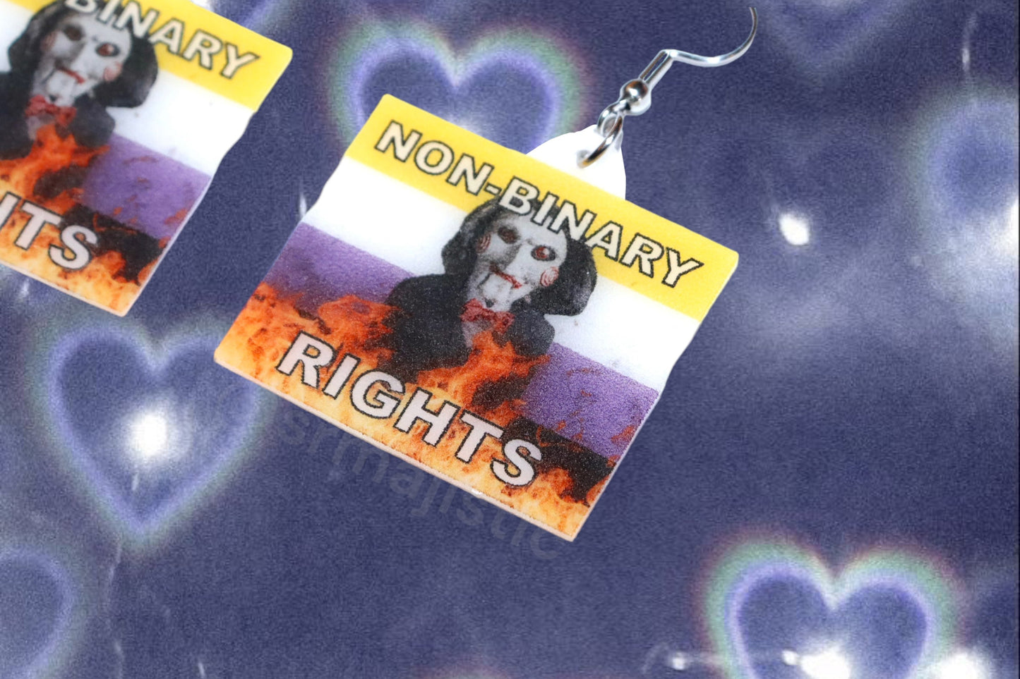 (READY TO SHIP) Jigsaw / Billy the Puppet Saw Character Collection of Flaming Pride Flags Handmade Earrings!