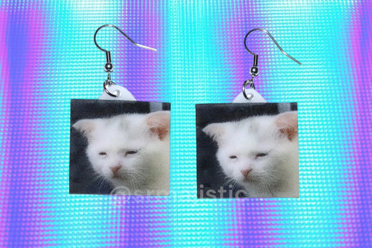 (READY TO SHIP) Sad and Sleepy Cat Meme Handmade Earrings!