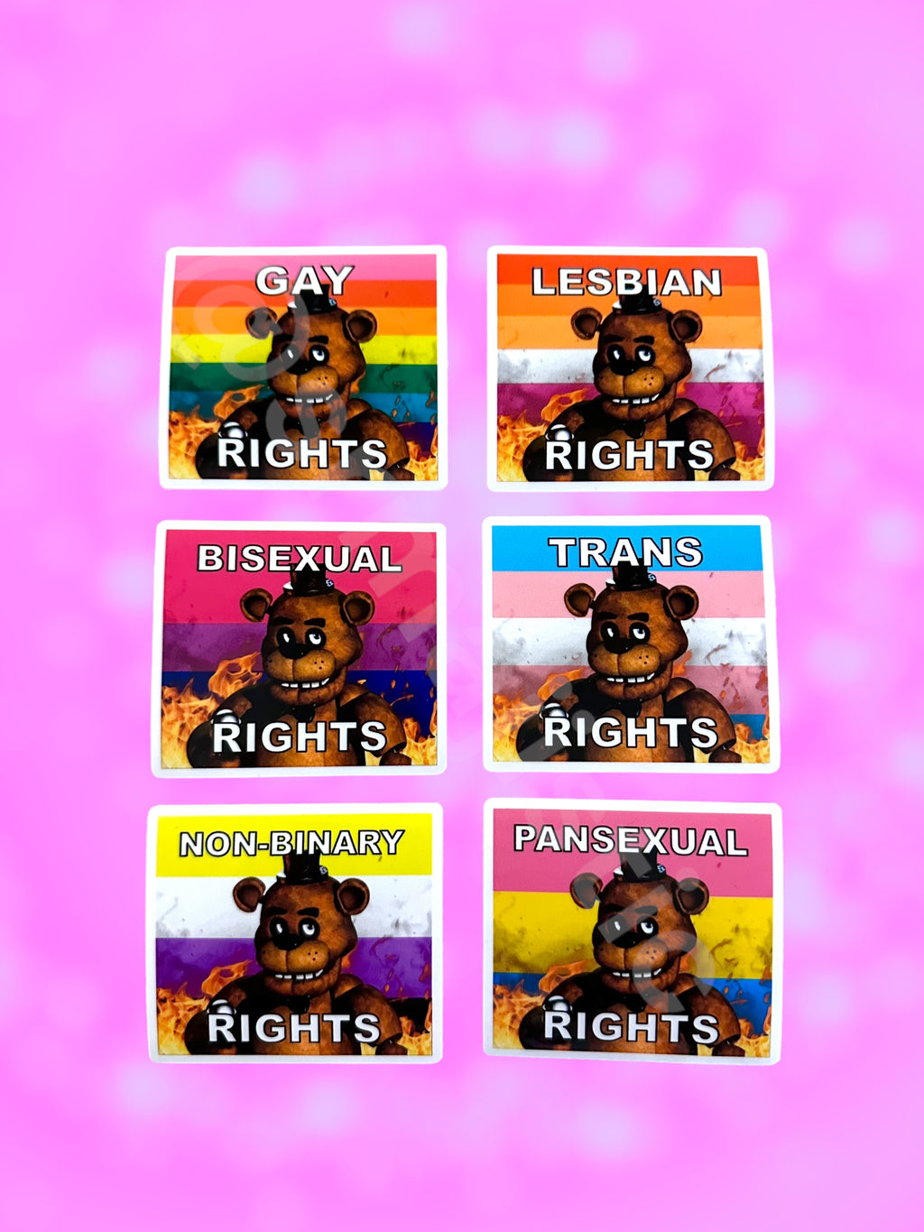 Bumper Stickers of Freddy Fazbear from Five Nights at Freddy’s Flaming Pride Flags