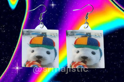 (READY TO SHIP) Seal with Propeller Hat and Lollipop Meme Handmade Earrings!