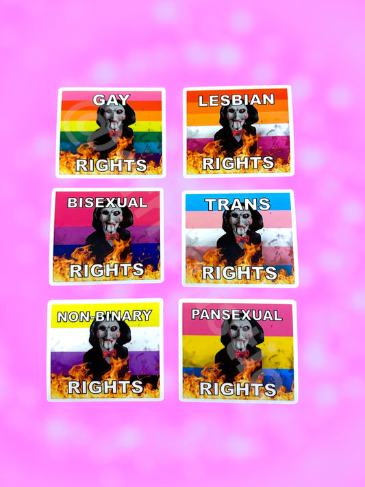 Billy the Puppet/ Jigsaw from Saw Flaming Pride Flag Bumper Stickers