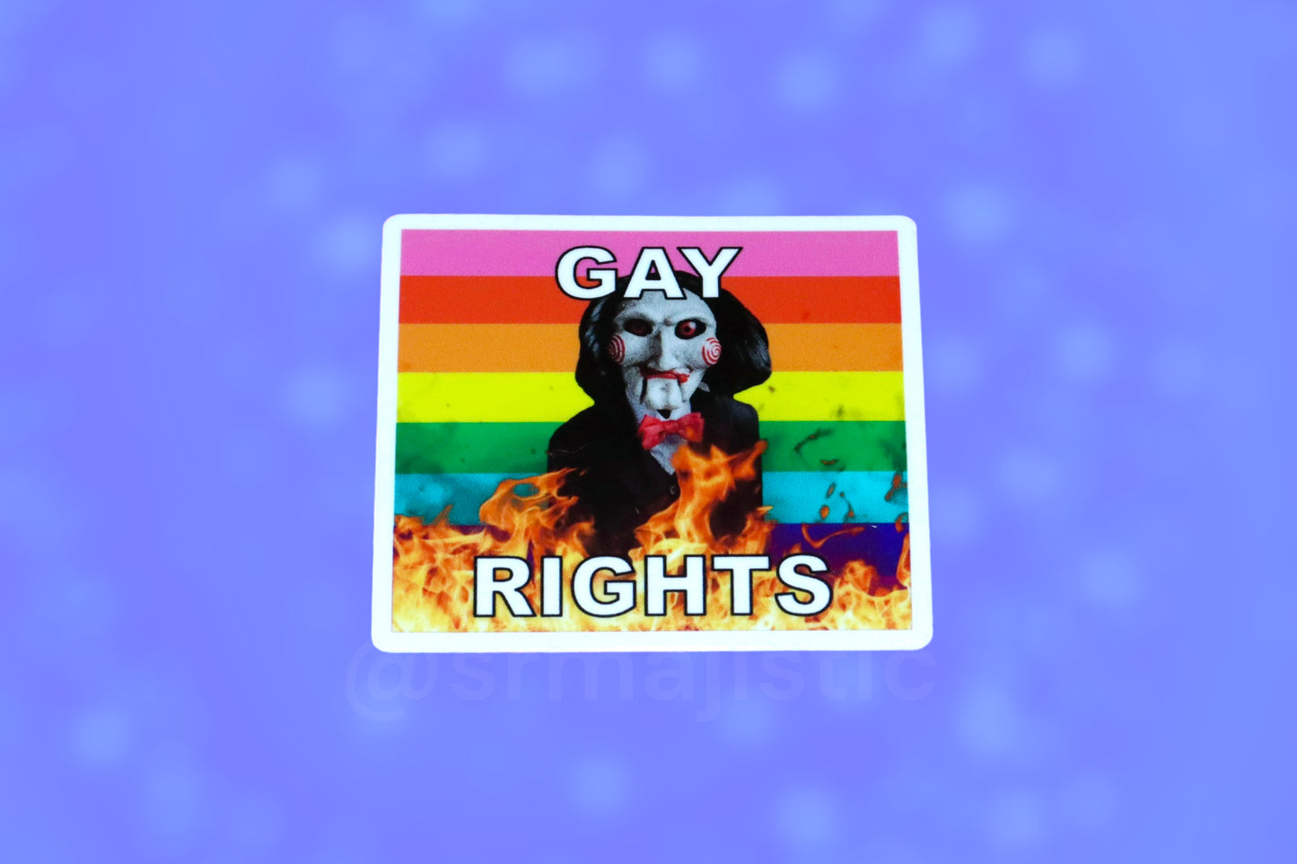 Billy the Puppet/ Jigsaw from Saw Flaming Pride Flag Bumper Stickers