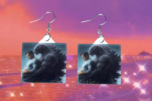 (READY TO SHIP) Beautiful Artwork of Godzilla Lovingly Holding a Pregnant Clark Kent Funny Meme Handmade Earrings!