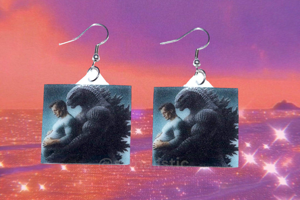 Beautiful Artwork of Godzilla Lovingly Holding a Pregnant Clark Kent Funny Meme Handmade Earrings!