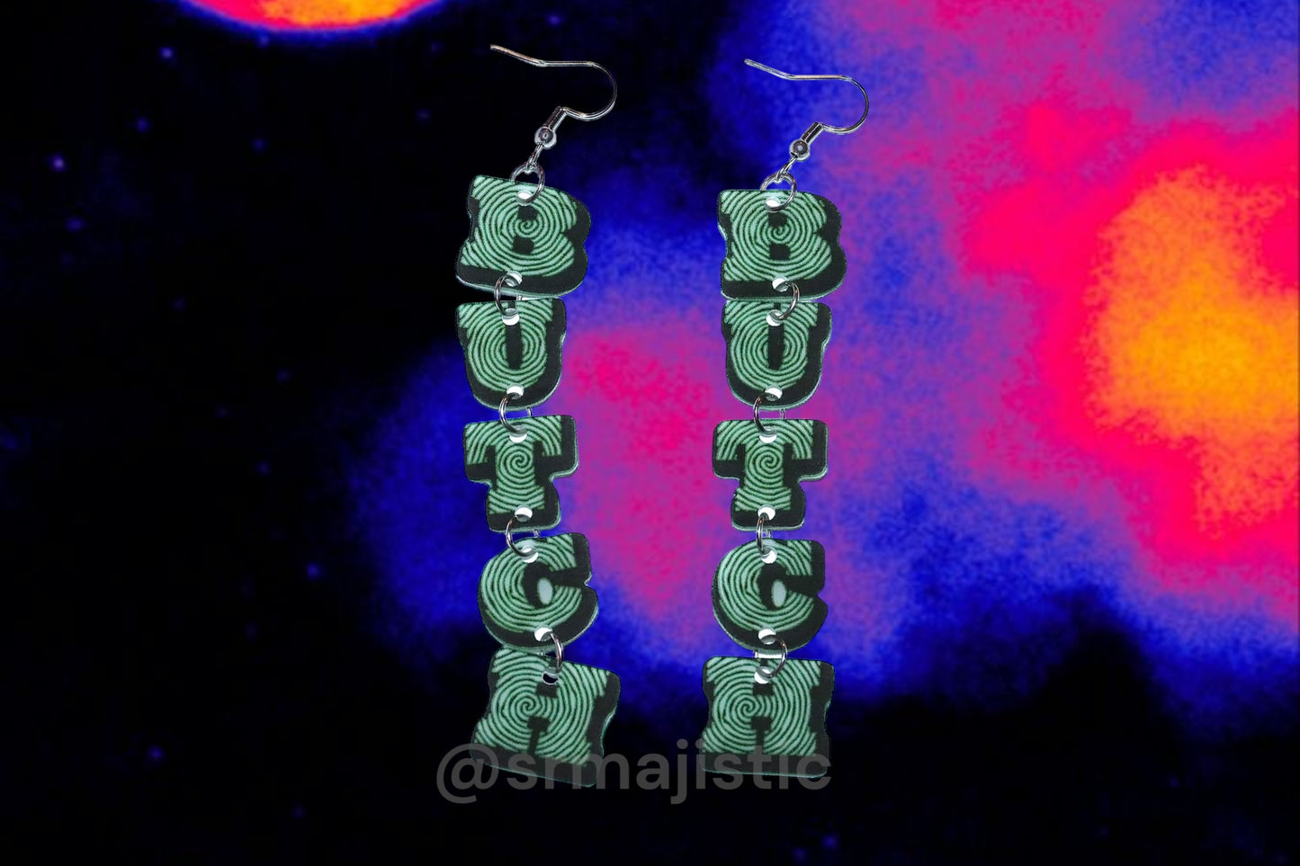 Butch Dangle Swirly Letters Handmade Earrings!