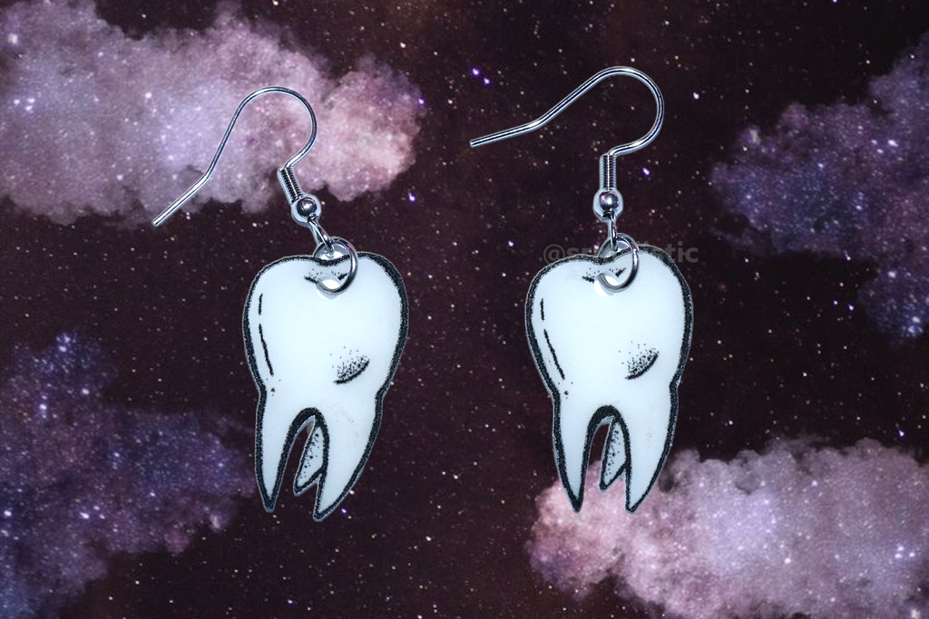 (READY TO SHIP) Black and White Detailed Tooth Handmade Earrings!