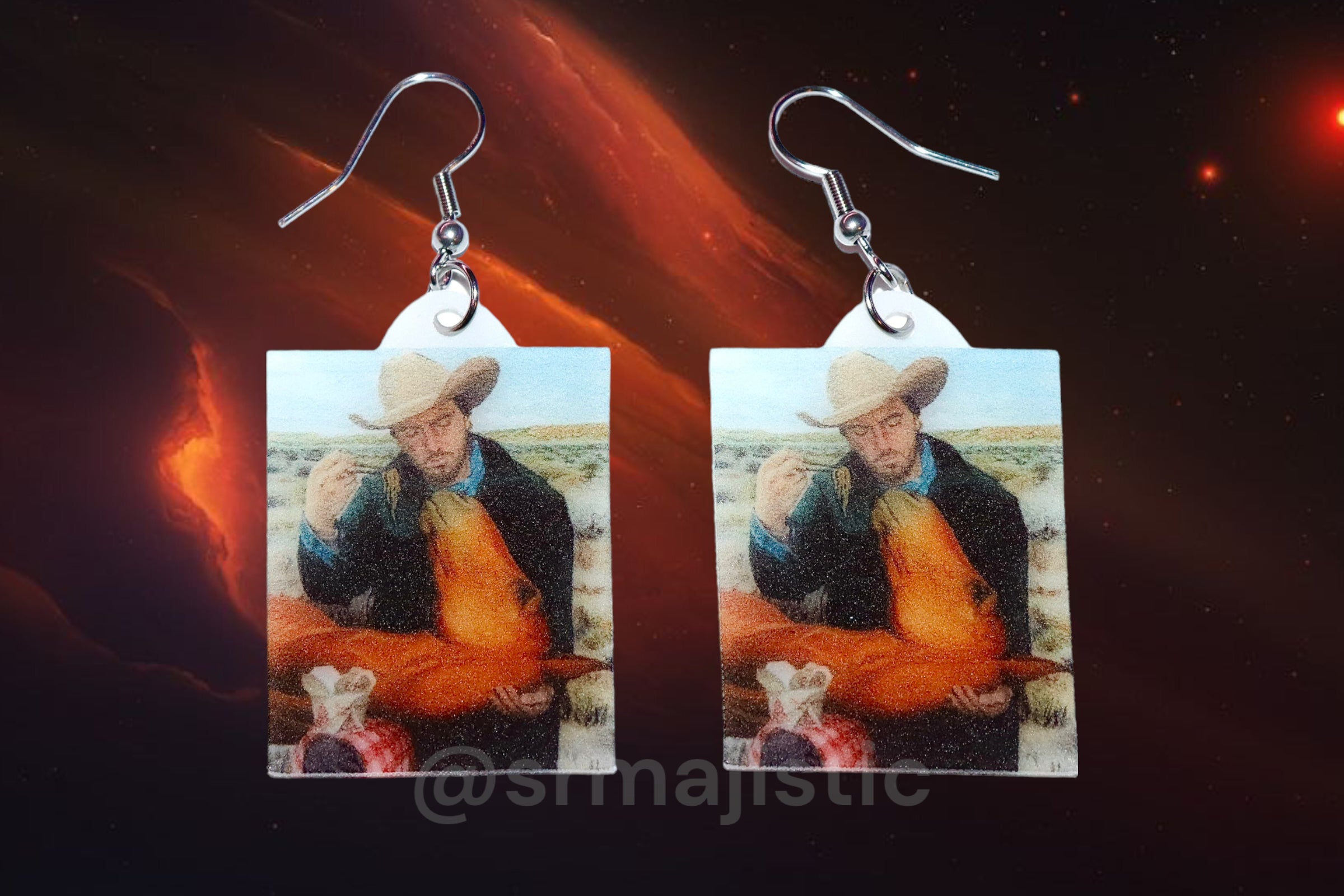Beautiful Artwork of Cowboy Feeding Horse Takeout Funny Meme Handmade Earrings!