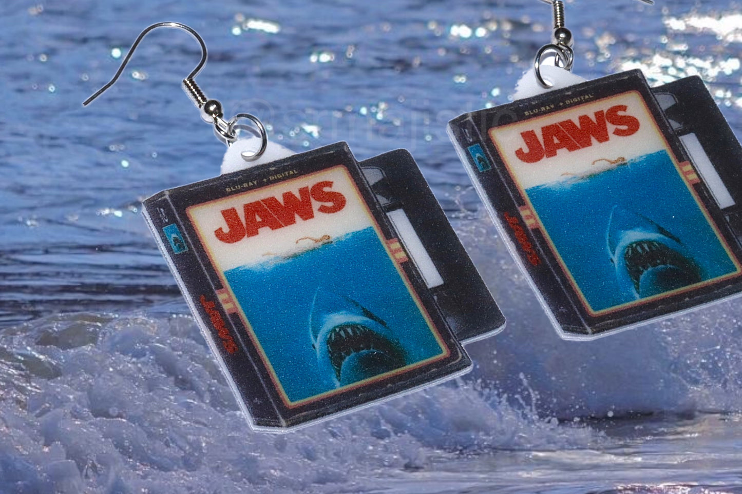 Jaws (1975) Movie VHS Tape 2D detailed Handmade Earrings!