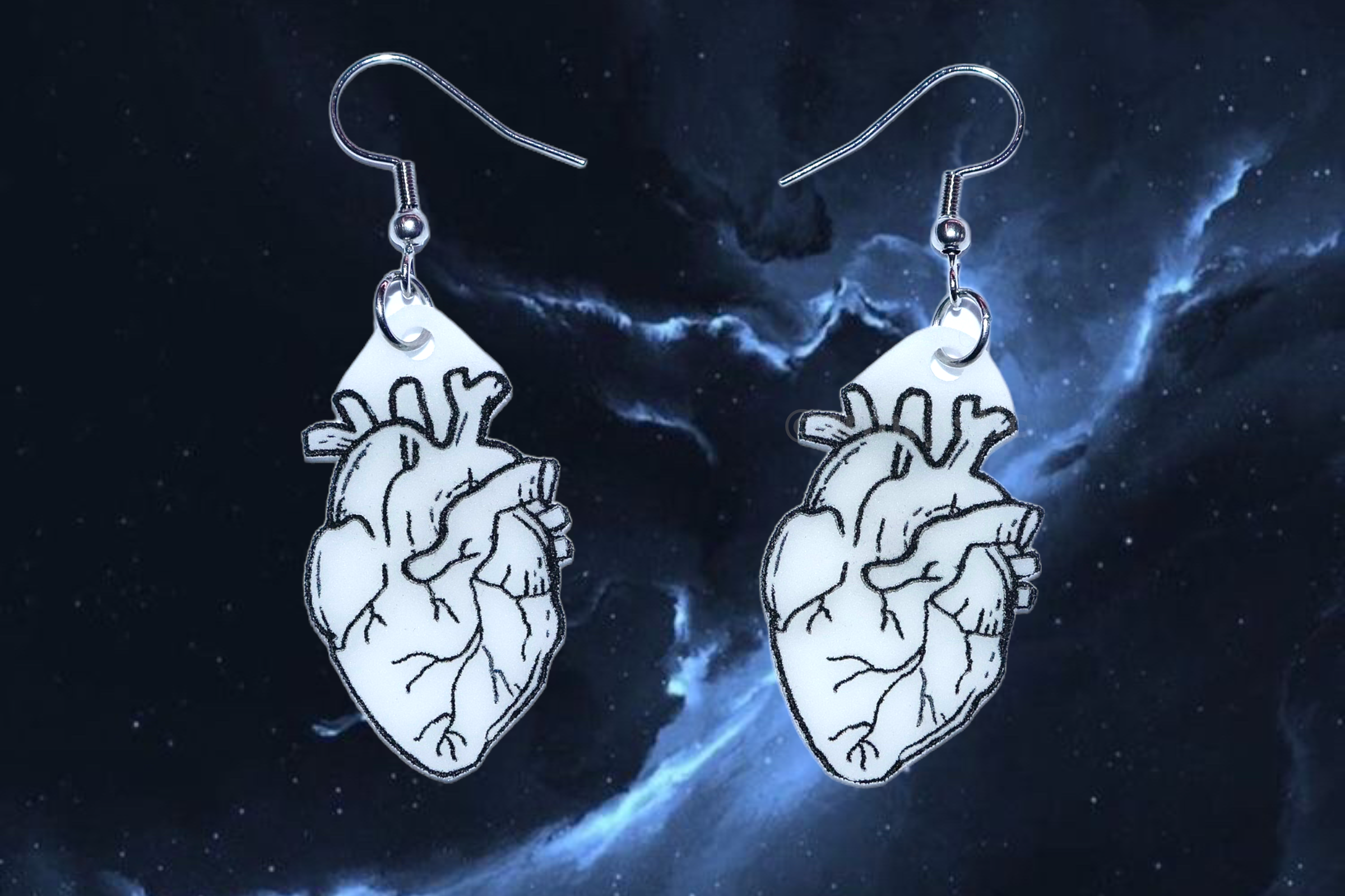 Black and White Detailed Anatomical Heart Handmade Earrings