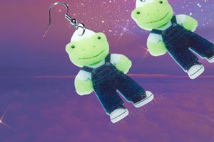 Build a Bear Frog Wearing Overalls Springtime Cute Handmade Earrings!