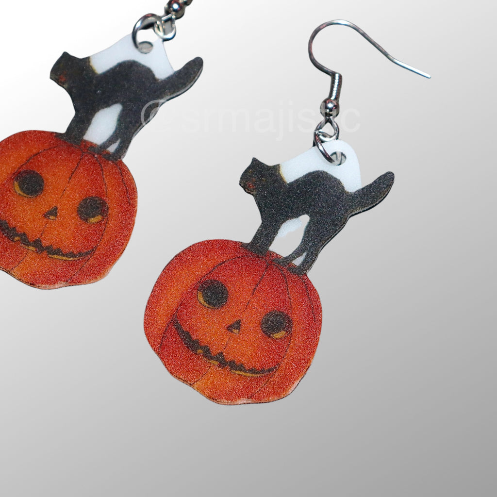 Vintage Spooky Cat and Pumpkin 2D Handmade Earrings!