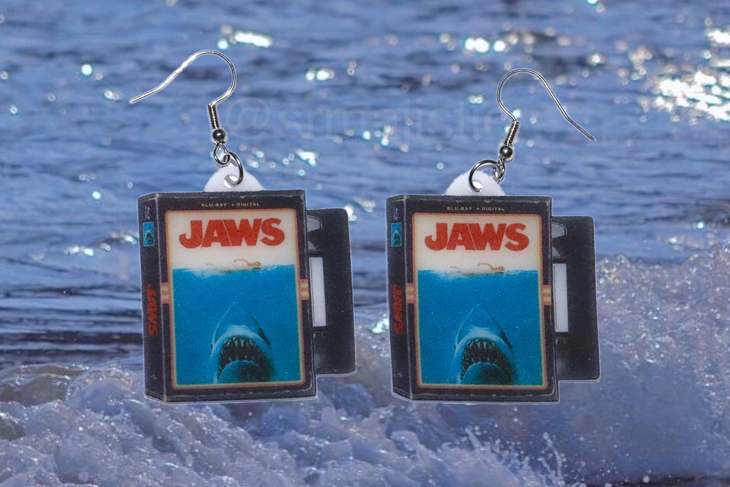 Jaws (1975) Movie VHS Tape 2D detailed Handmade Earrings!