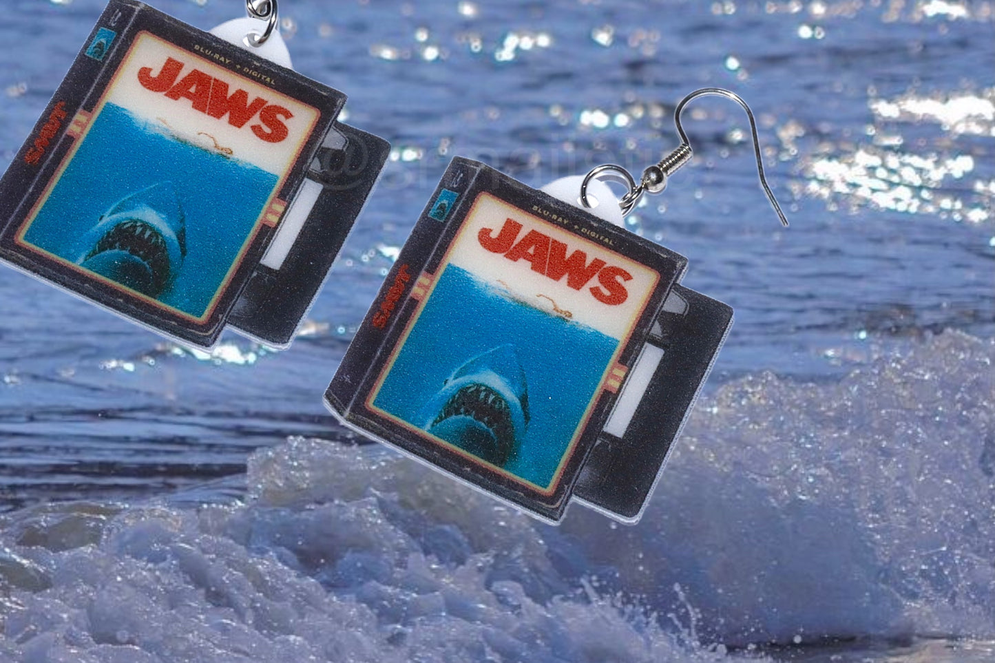 Jaws (1975) Movie VHS Tape 2D detailed Handmade Earrings!