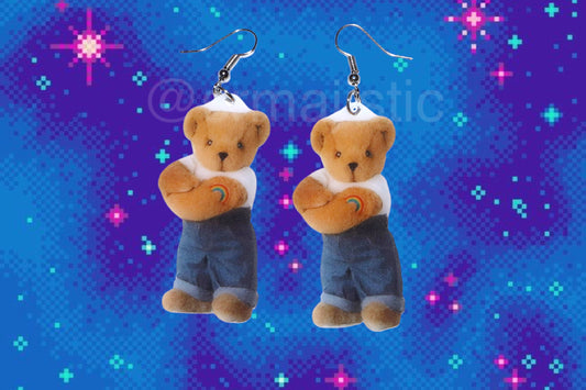 Vermont Teddy Bear Butch Lesbian Character with Rainbow Tattoo Handmade Earrings!