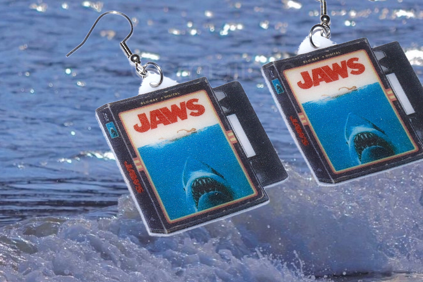 Jaws (1975) Movie VHS Tape 2D detailed Handmade Earrings!